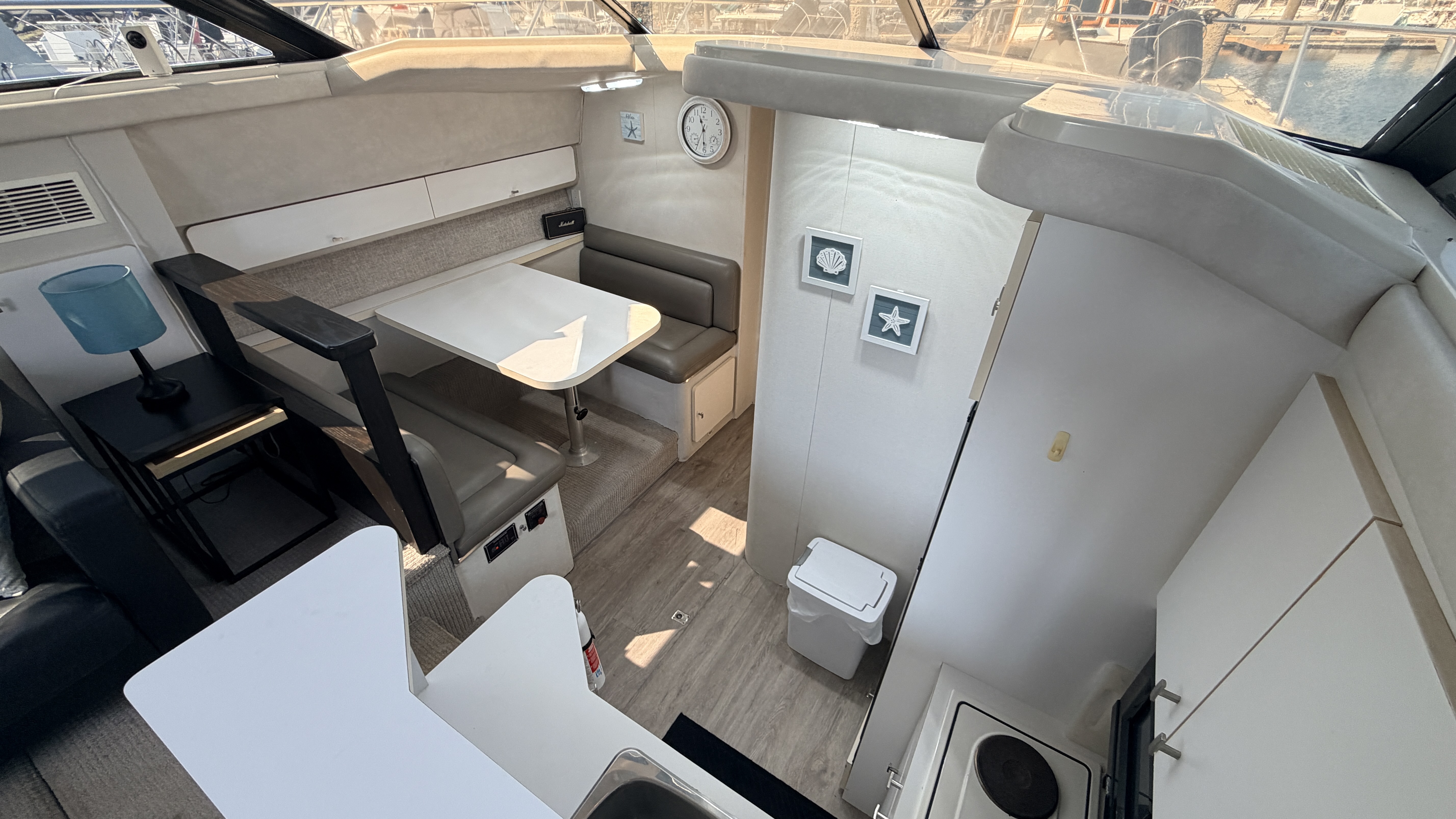 Galley and dining area aboard Double Dutch